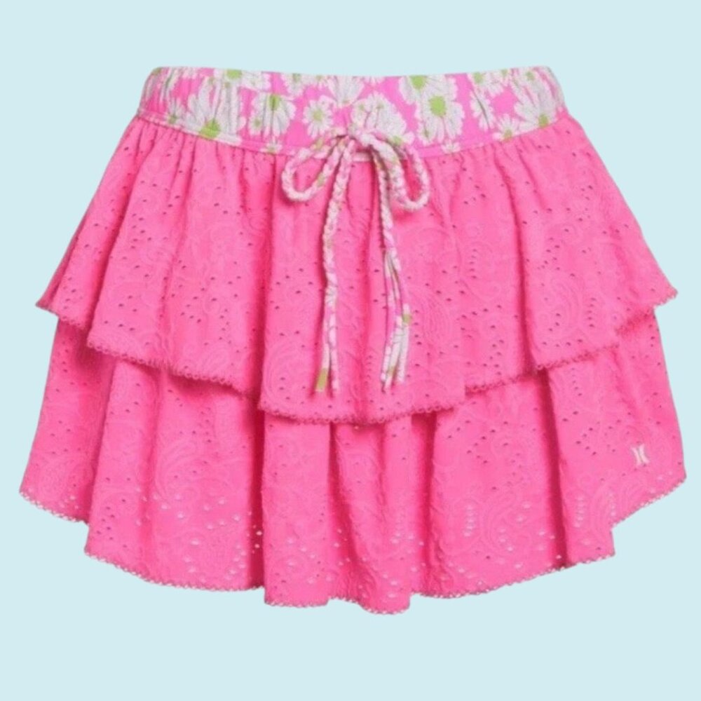 LoveShackFancy x Hurley Skirt Size XS Pink Mini Tiered Ruffle Eyelet Paisley - Picture 3 of 14